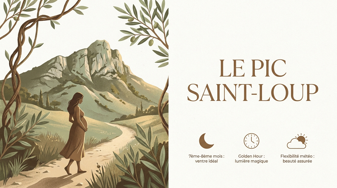 Future maman posant sereinement face au Pic Saint-Loup lors de la golden hour