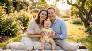 Photo de famille avec bébé 1 an : réussir vos portraits Un couple souriant assis dans un jardin avec leur bébé d'un an, baignés par la lumière dorée du soleil couchant.