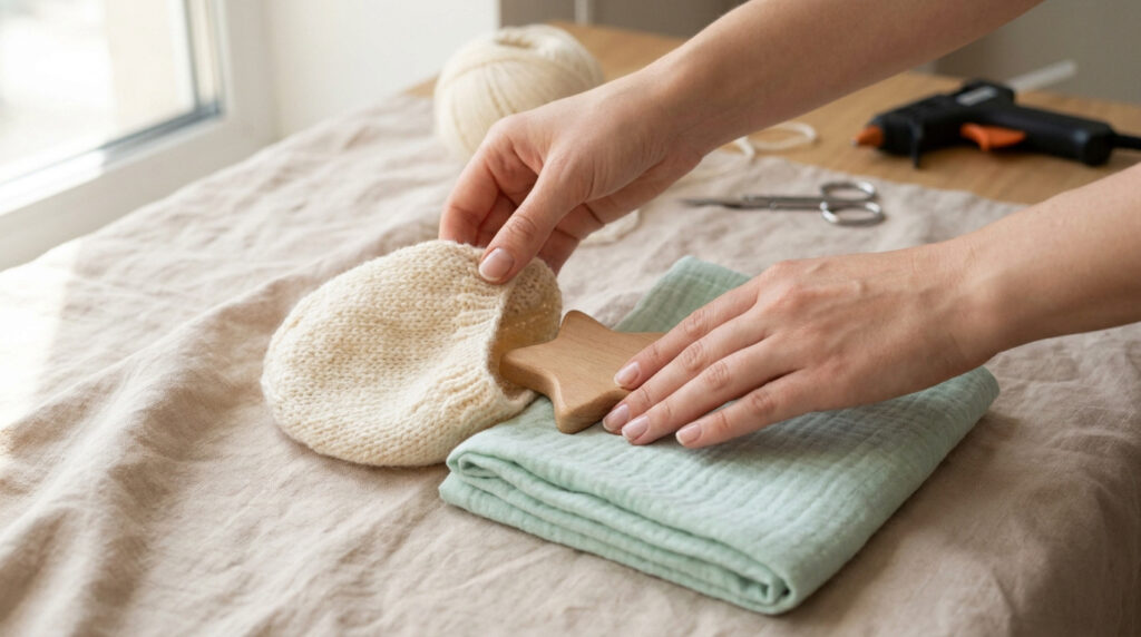 Mains préparant un bonnet en tricot, une étoile en bois et un lange pour une séance photo de bébé.