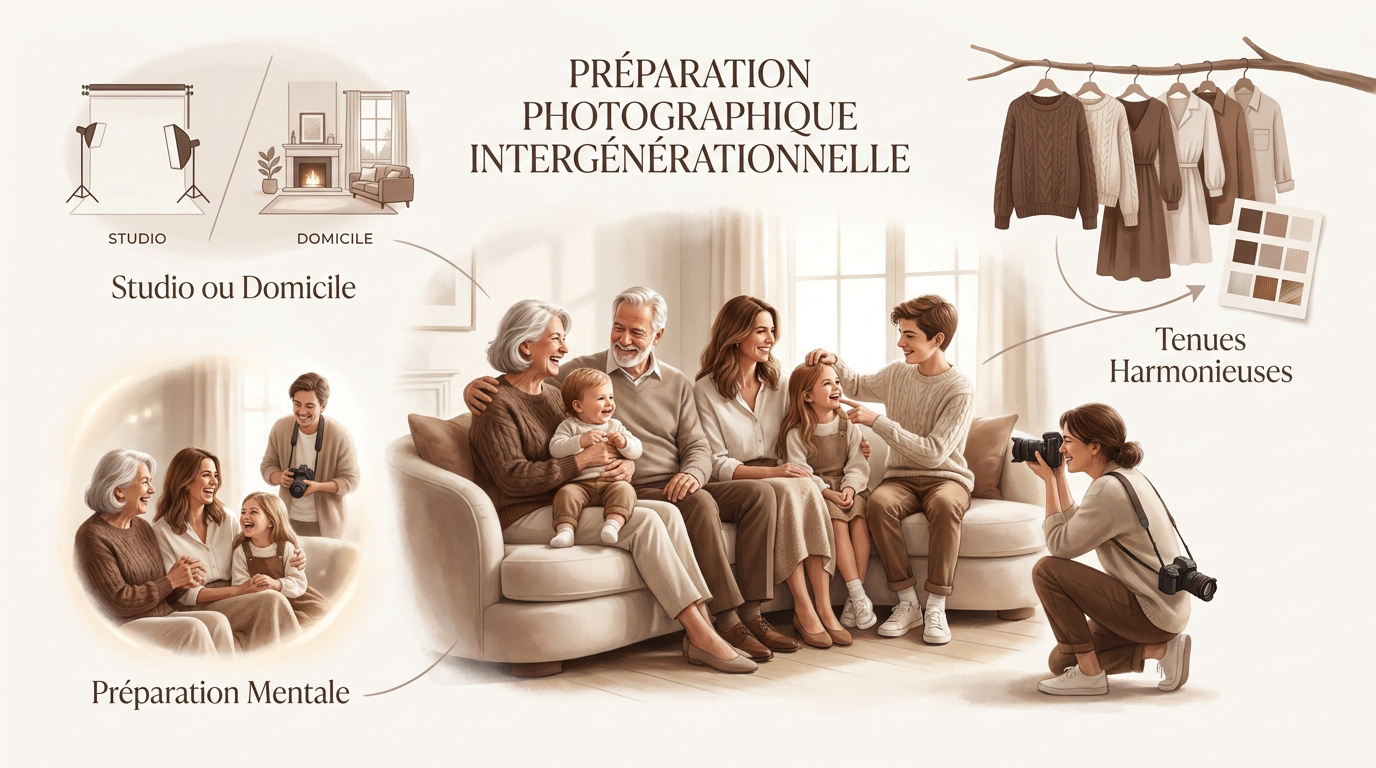 Séance photo famille intergénérationnelle en studio avec les grands-parents