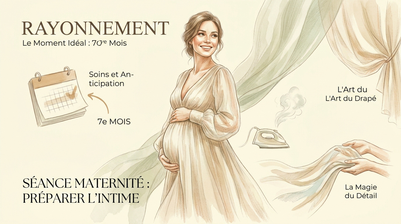 Future maman préparant sa peau pour une séance photo grossesse avec voilages