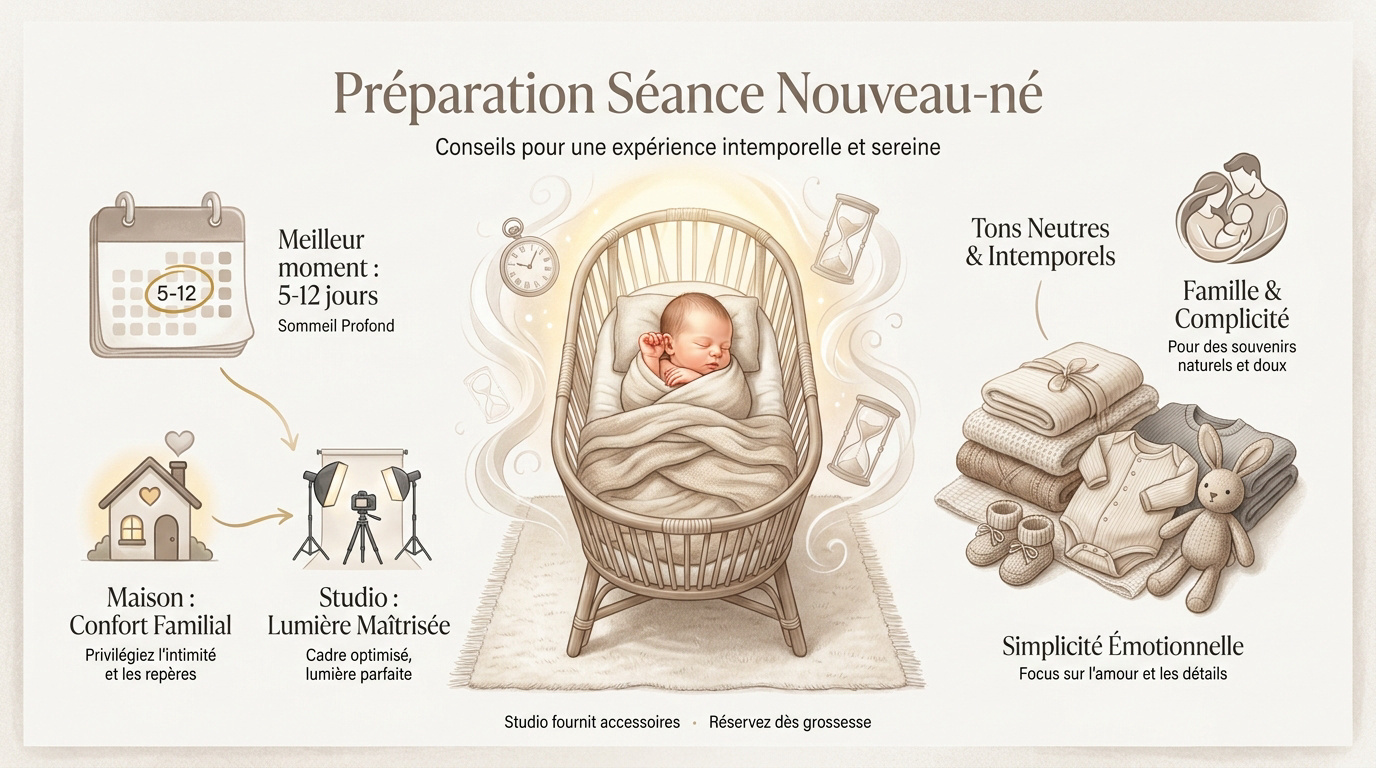 Bébé nouveau-né paisiblement endormi dans un cocon de couvertures douces pour sa séance photo