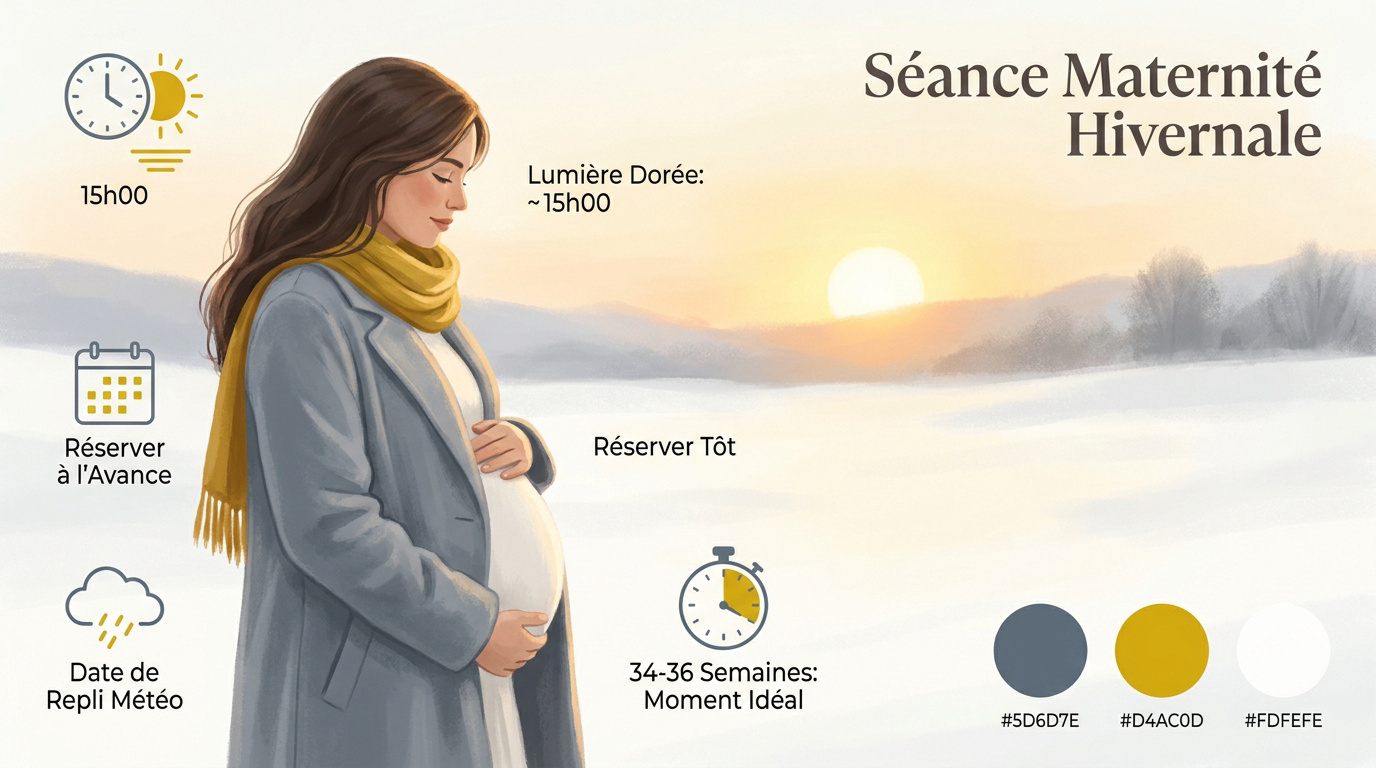 Future maman posant en extérieur sous la lumière dorée de l'hiver