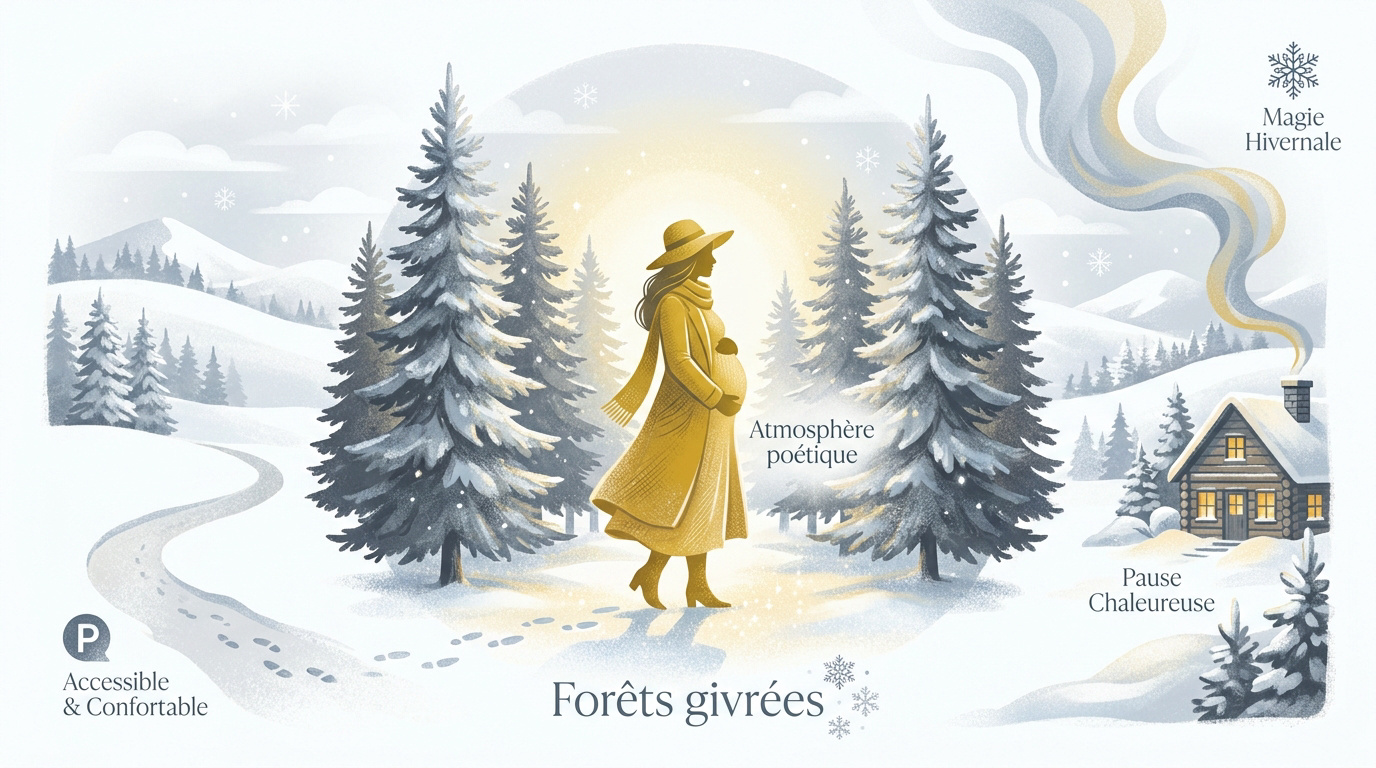 Future maman posant dans une forêt de sapins enneigée sous une lumière hivernale douce