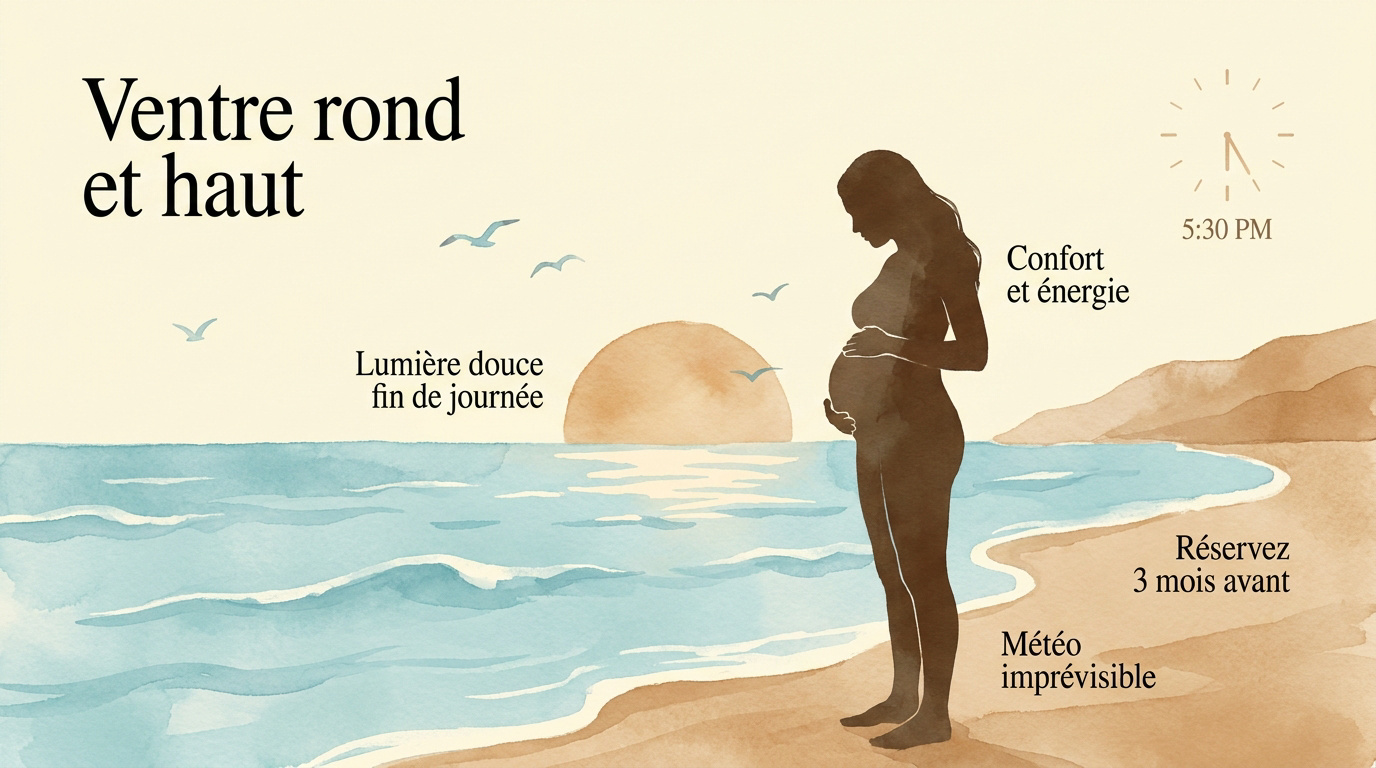 Future maman marchant sur une plage près de Montpellier lors de la golden hour