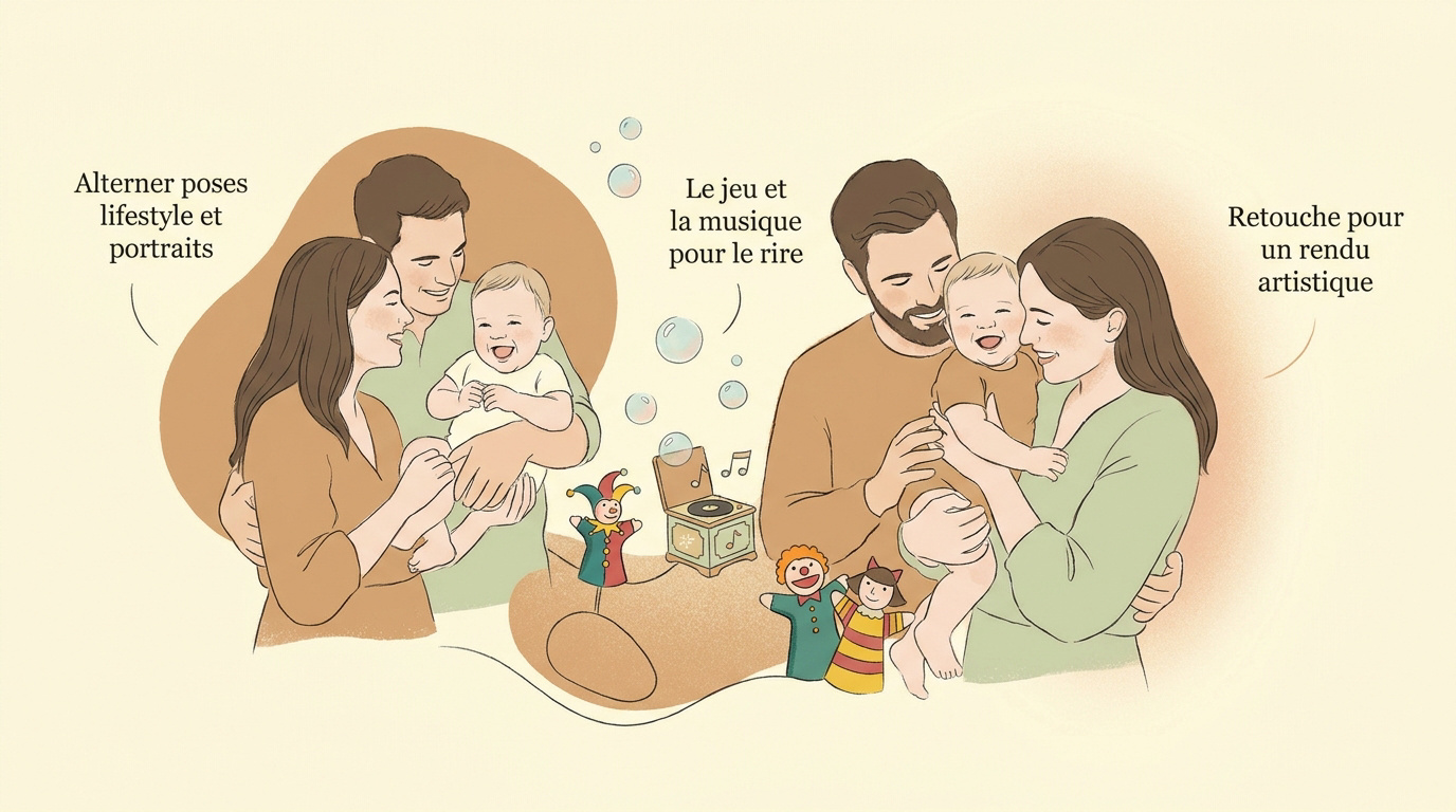Bébé de 9 mois souriant lors d'une séance photo en studio avec des accessoires doux