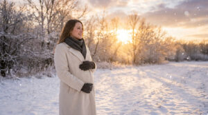 Femme enceinte souriante portant un manteau beige et une écharpe dans un paysage enneigé au coucher du soleil.
