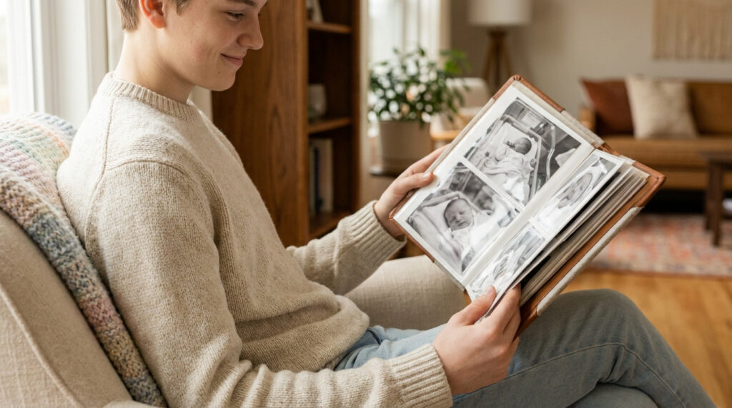 Un adolescent sourit en regardant un album photo rempli de clichés de nouveau-nés dans un salon chaleureux.