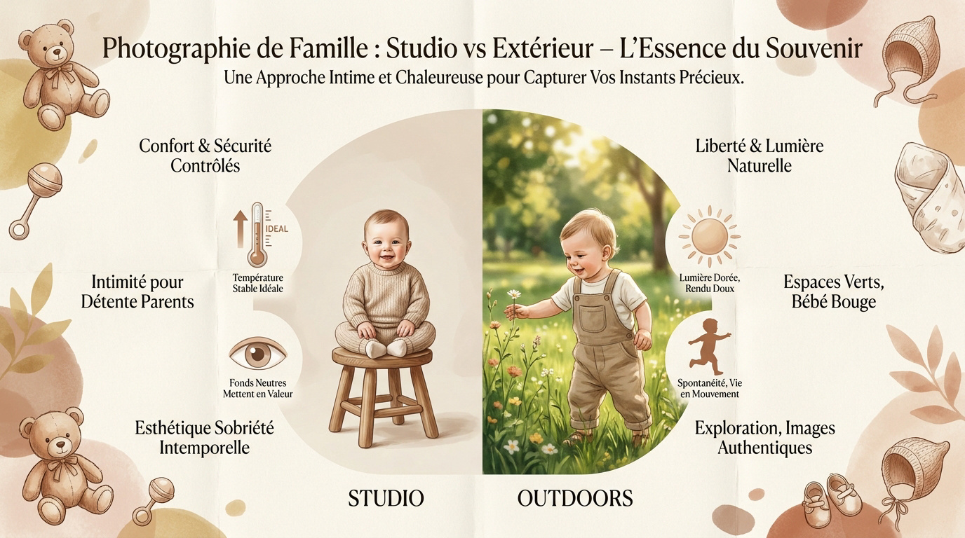 Comparaison entre une séance photo en studio et en extérieur pour un bébé de 1 an