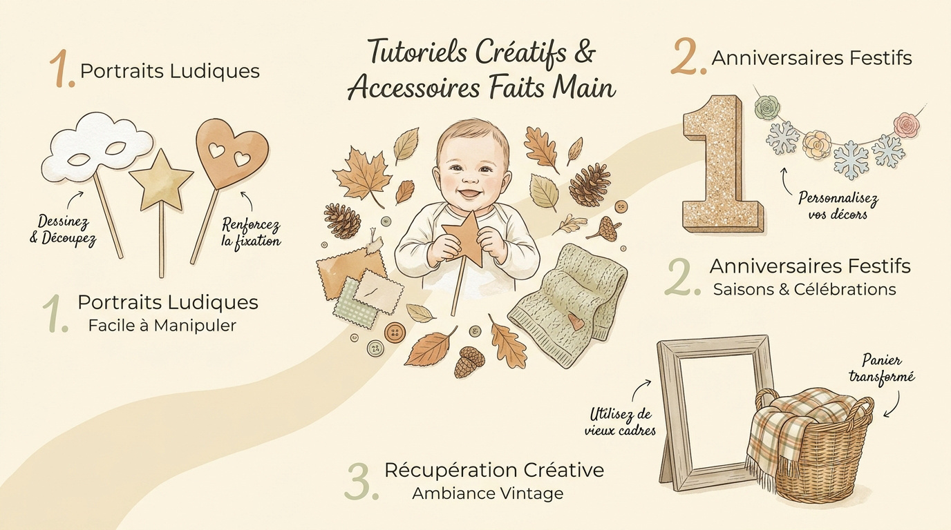 Accessoires photo bébé faits main en carton et bois sur fond neutre