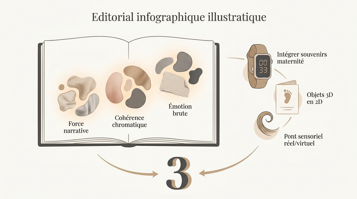 Mise en page d'un album photo de naissance luxe avec clichés de nouveau-né
