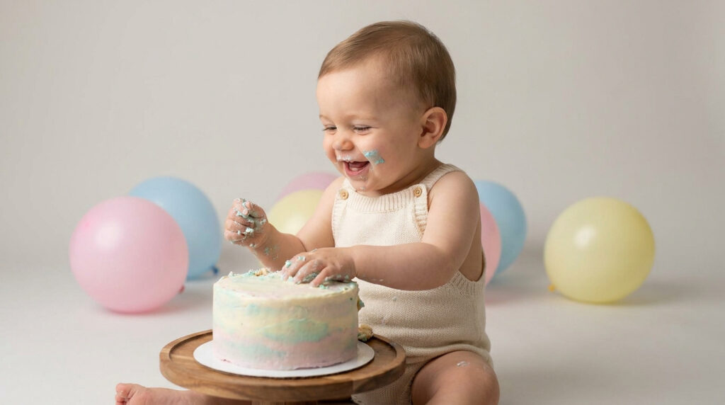 Un bébé souriant en barboteuse beige écrase un gâteau d'anniversaire pastel entouré de ballons colorés.