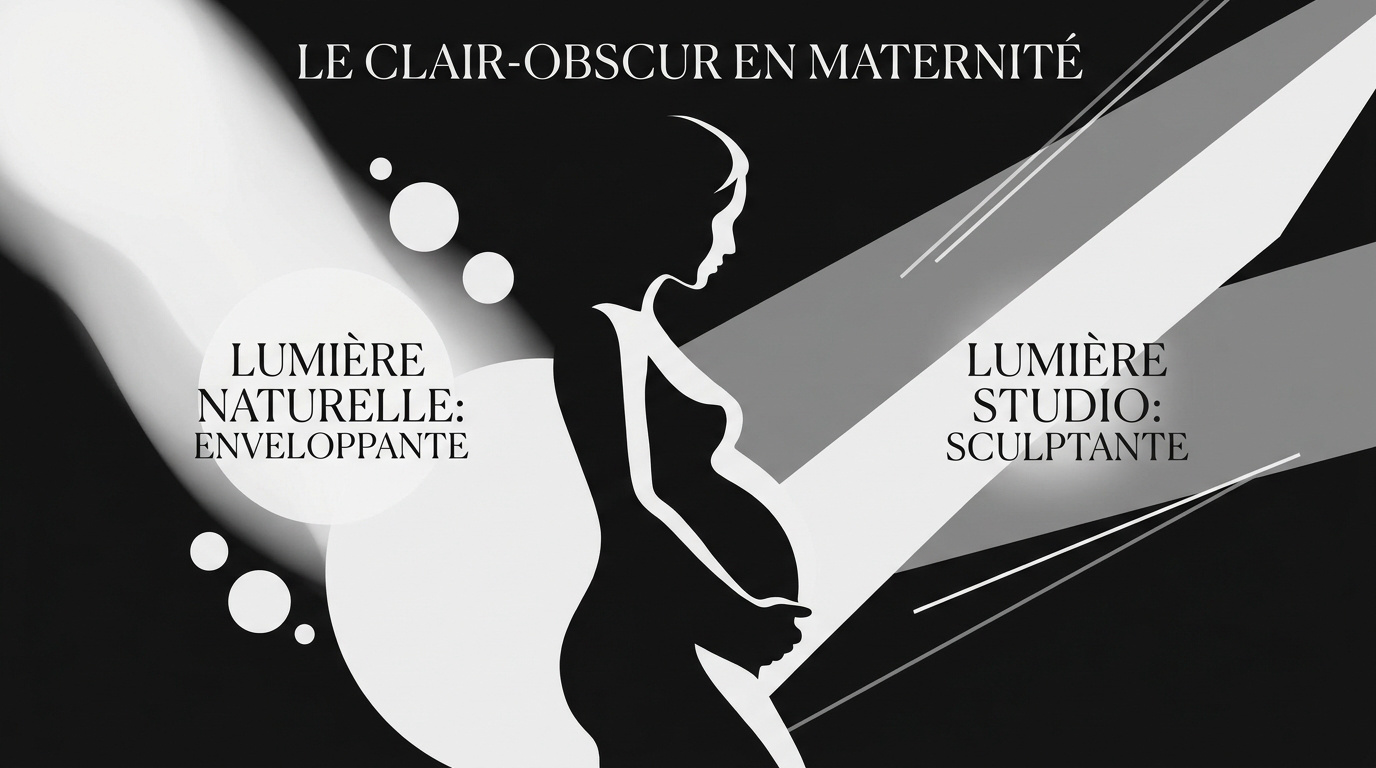Séance photo de grossesse en noir et blanc avec jeux d'ombres et de lumière en studio