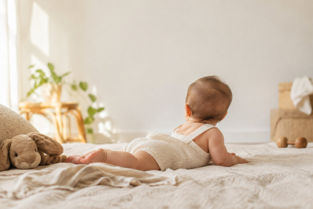 Bébé de 6 mois allongé sur le ventre sur un lit, portant une barboteuse en maille beige, près d'un doudou lapin.