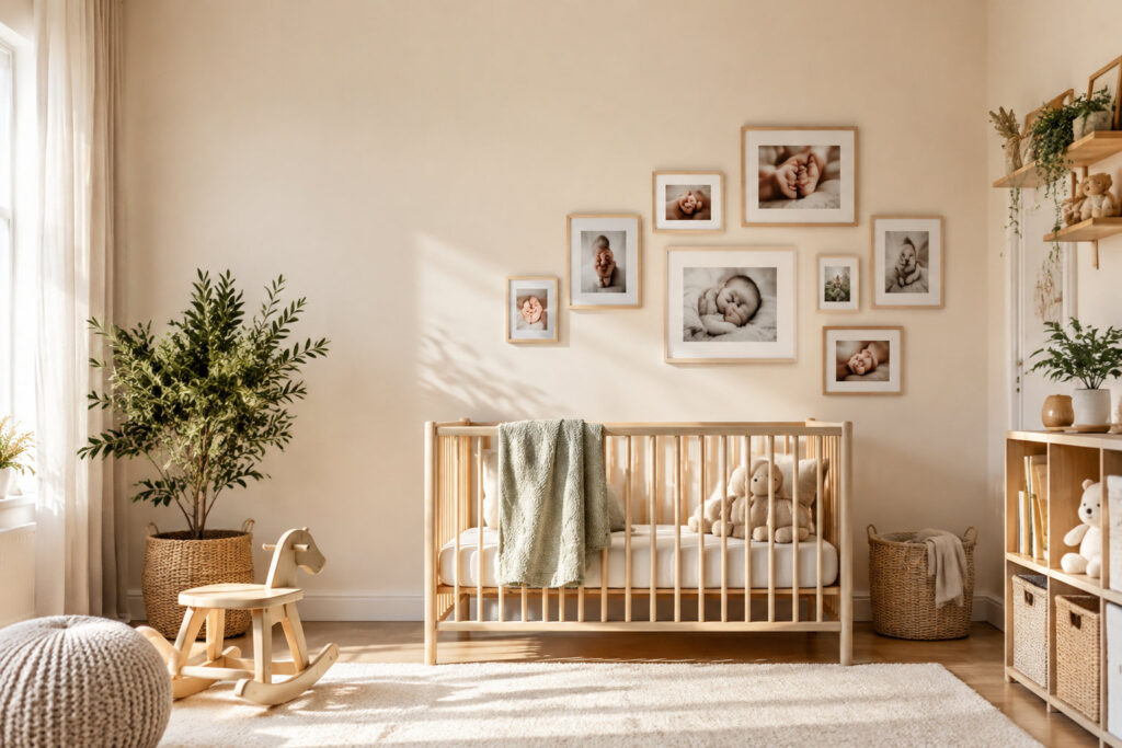 Chambre de bébé chaleureuse avec un berceau en bois, des cadres photos personnalisés et des jouets en peluche.