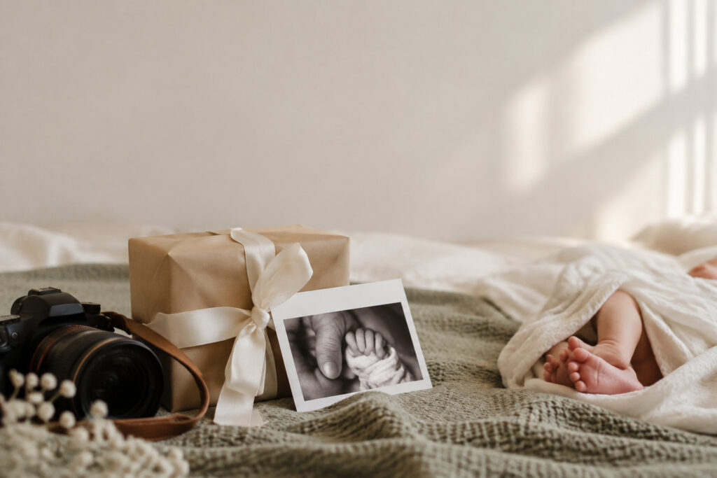 Cadeau emballé avec une photo de pieds de bébé et un appareil photo posés sur une couverture douce près d'un nouveau-né.