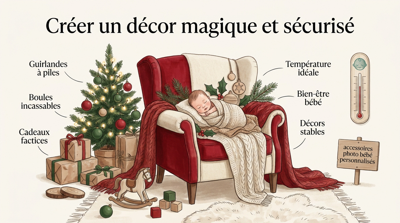 Décor de Noël vintage pour séance photo bébé avec sapin et jouets en bois