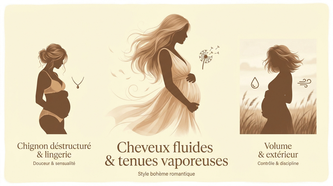 Future maman avec une coiffure bohème et une robe vaporeuse en studio