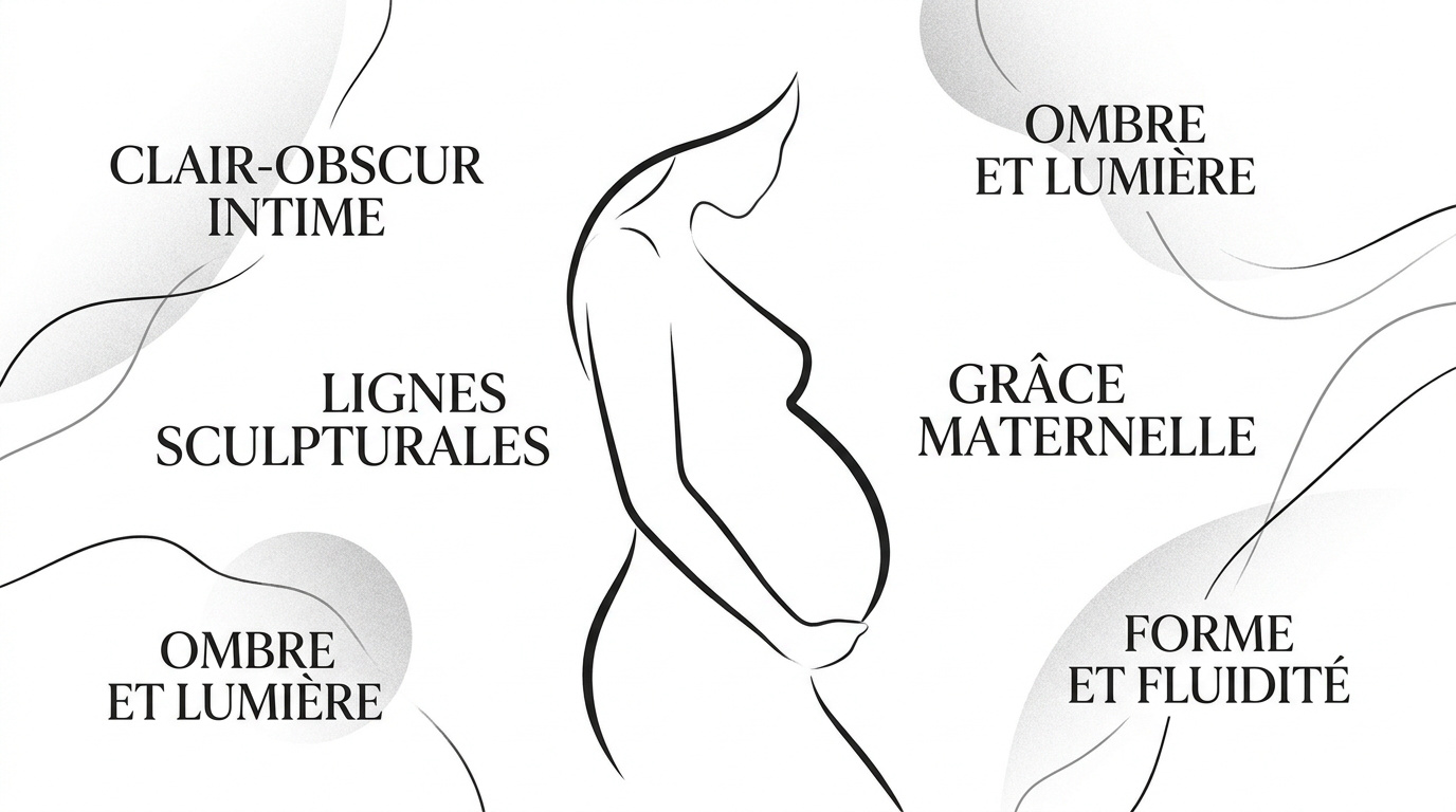 Silhouette de femme enceinte en noir et blanc soulignant les courbes du ventre avec un jeu d'ombres et de lumières