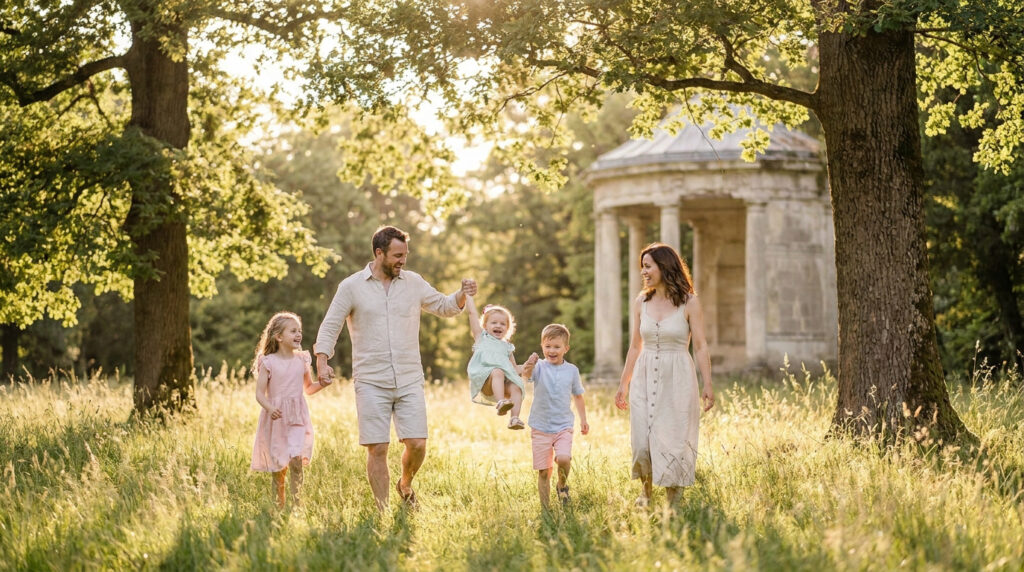 Une famille heureuse marche dans un parc ensoleillé à Montpellier, avec un temple classique en arrière-plan.