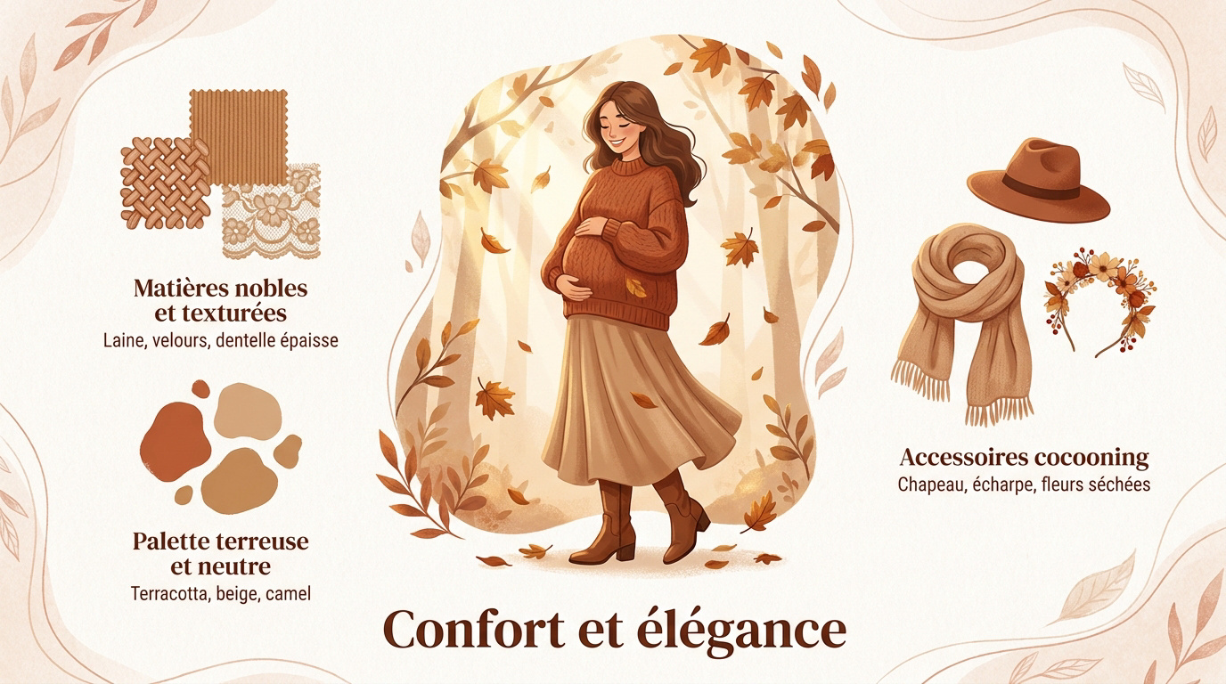 Future maman portant une robe en tricot beige dans une forêt d'automne
