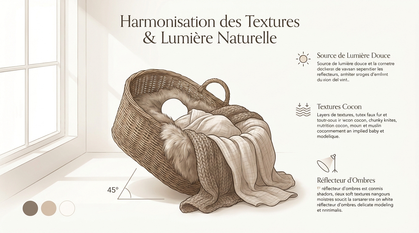 Bébé endormi dans un panier en osier avec des textures de laine et lumière douce