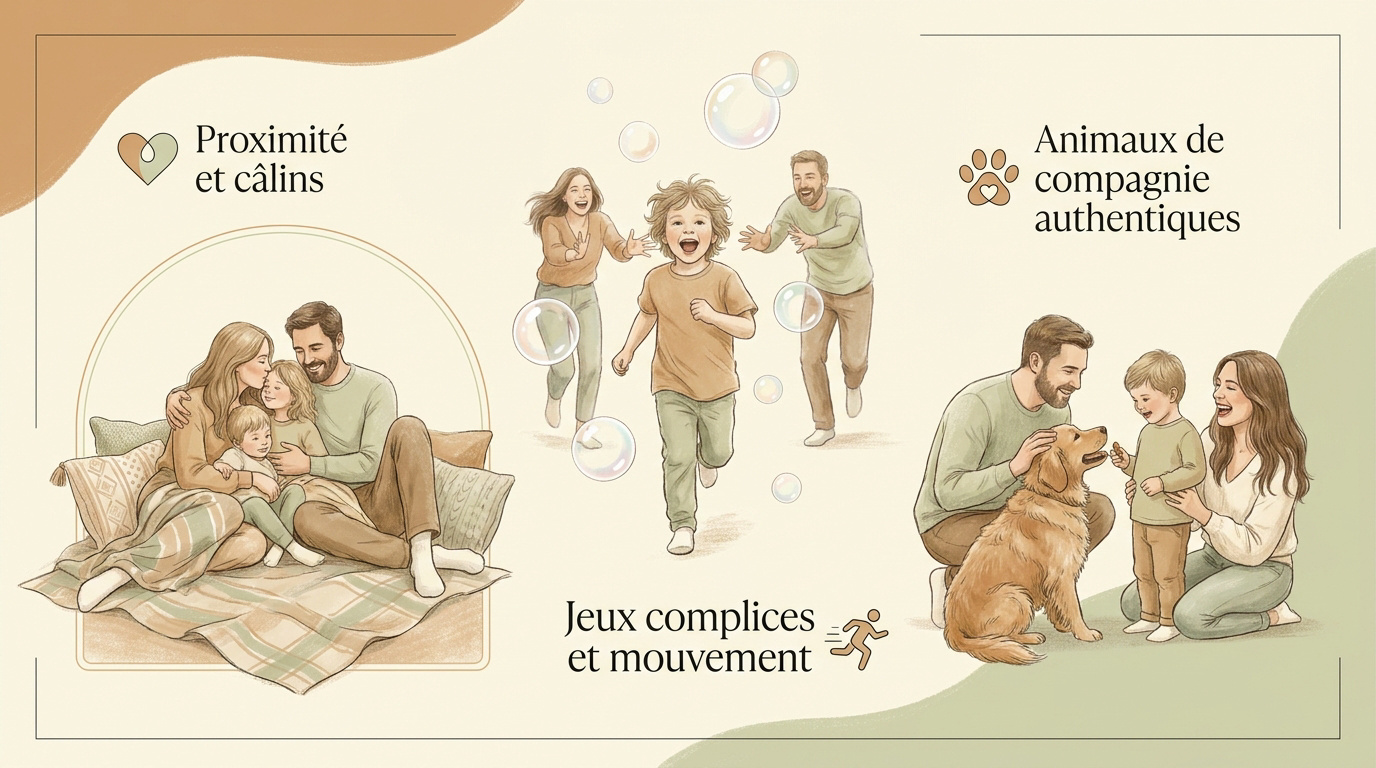Famille heureuse partageant un moment de complicité et de tendresse en extérieur lors d'une séance photo