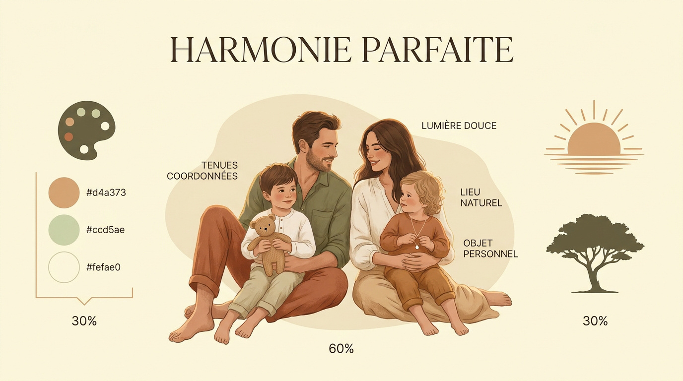 Famille heureuse posant en extérieur durant l'heure dorée dans une atmosphère chaleureuse