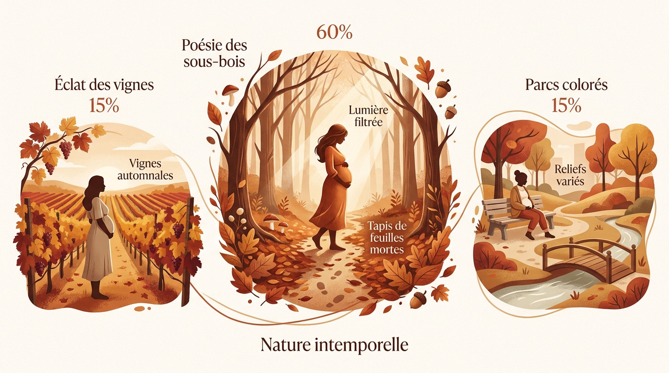 Future maman dans une forêt automnale sous une lumière dorée