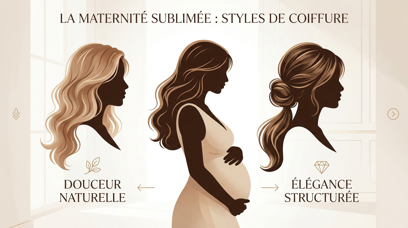 Future maman avec une coiffure ondulée élégante en studio professionnel