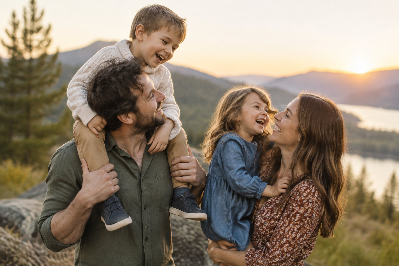 Un homme porte un garçon sur ses épaules tandis qu’une femme tient une petite fille, tous souriants devant un paysage de montagnes et un lac au coucher du soleil.