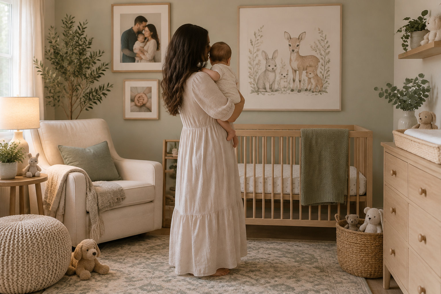 Une femme en robe claire tient un bébé dans une chambre d’enfant aménagée avec un berceau, un fauteuil, des peluches et des illustrations encadrées.