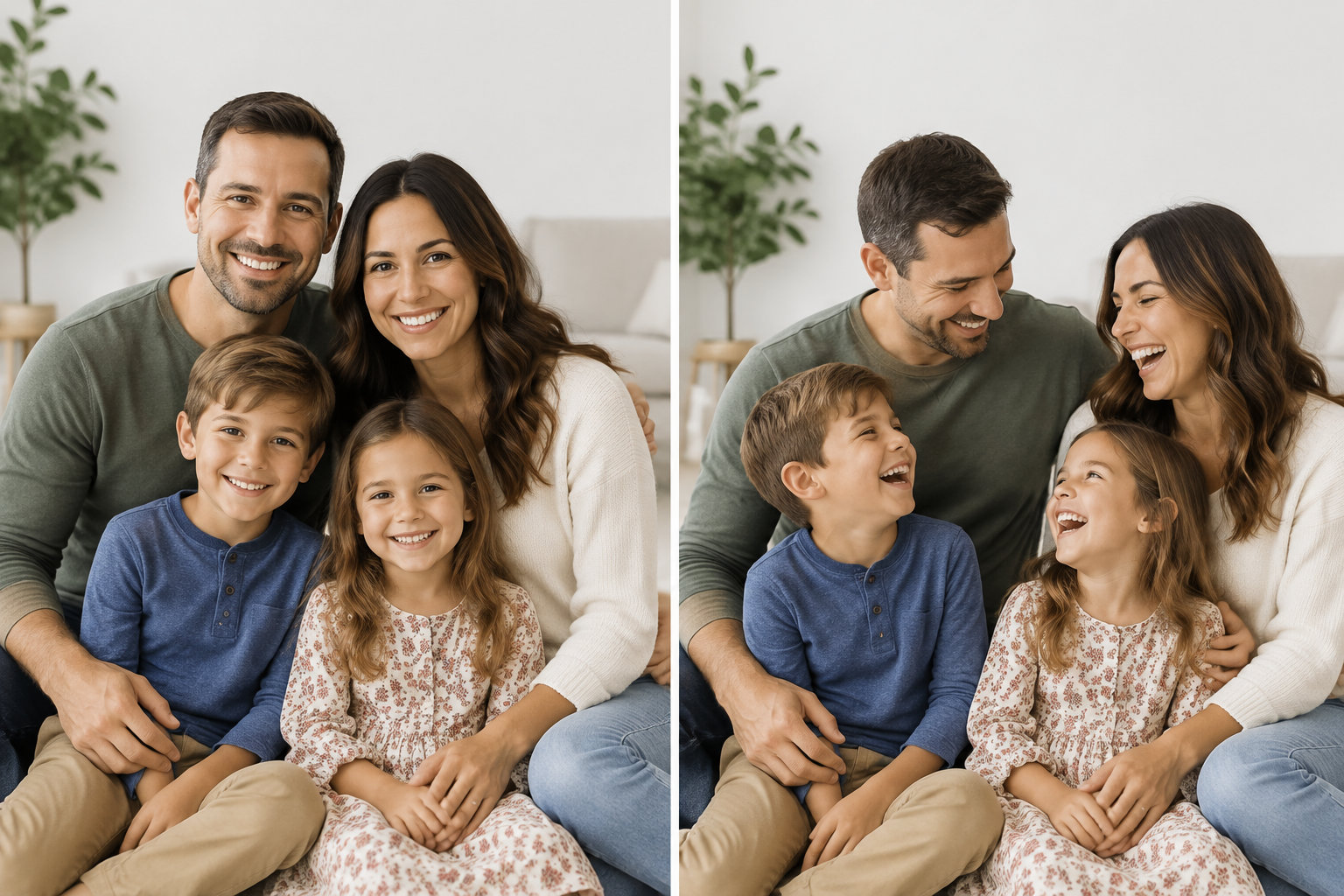 Deux photos côte à côte montrent un couple et ses deux enfants souriant ensemble puis riant dans un salon.