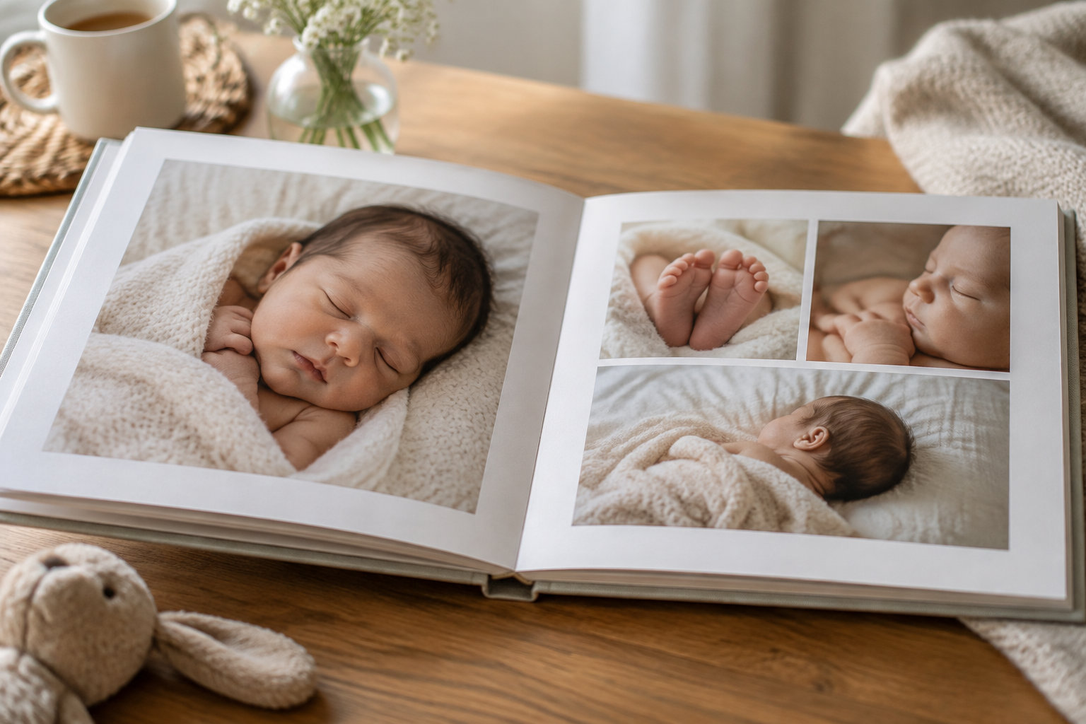 Un album photo ouvert montre plusieurs portraits d’un nouveau-né endormi, posé sur une table en bois près d’une tasse, d’un vase de fleurs et d’une peluche.