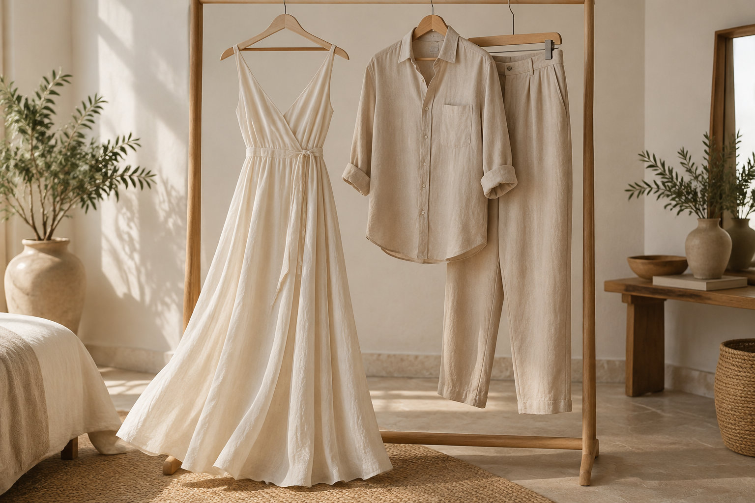 Une robe longue claire, une chemise et un pantalon beiges sont suspendus à un portant en bois dans une pièce lumineuse, décorée de plantes et de vases.