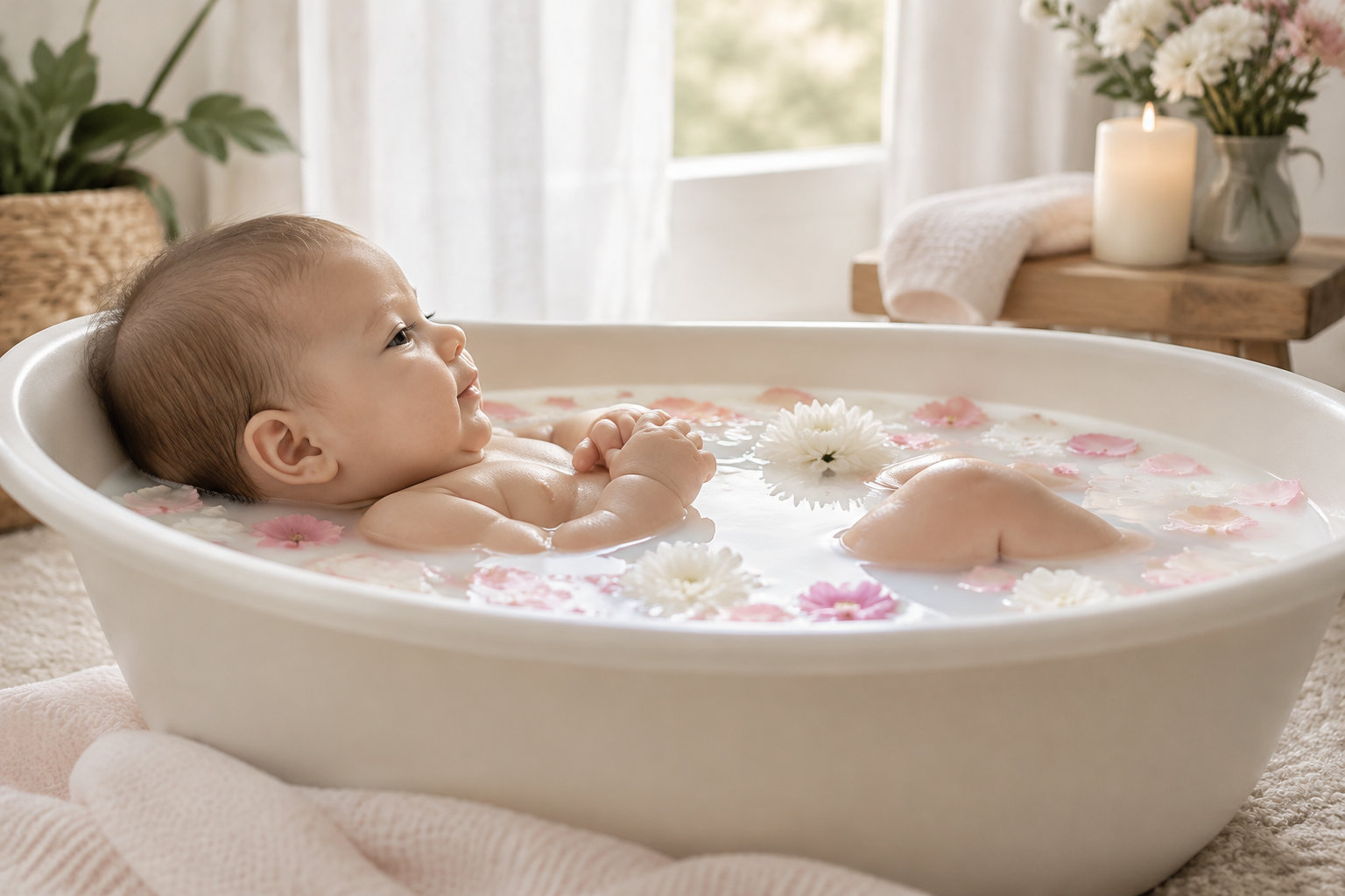Un bébé se détend dans une petite baignoire remplie d’eau et de pétales de fleurs, dans une pièce lumineuse et douillette.