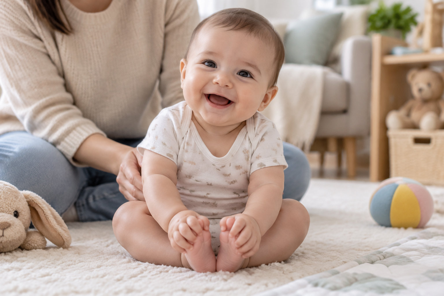Un bébé souriant est assis sur un tapis moelleux, tandis qu’un adulte le soutient derrière lui, entouré de peluches et d’un ballon coloré.