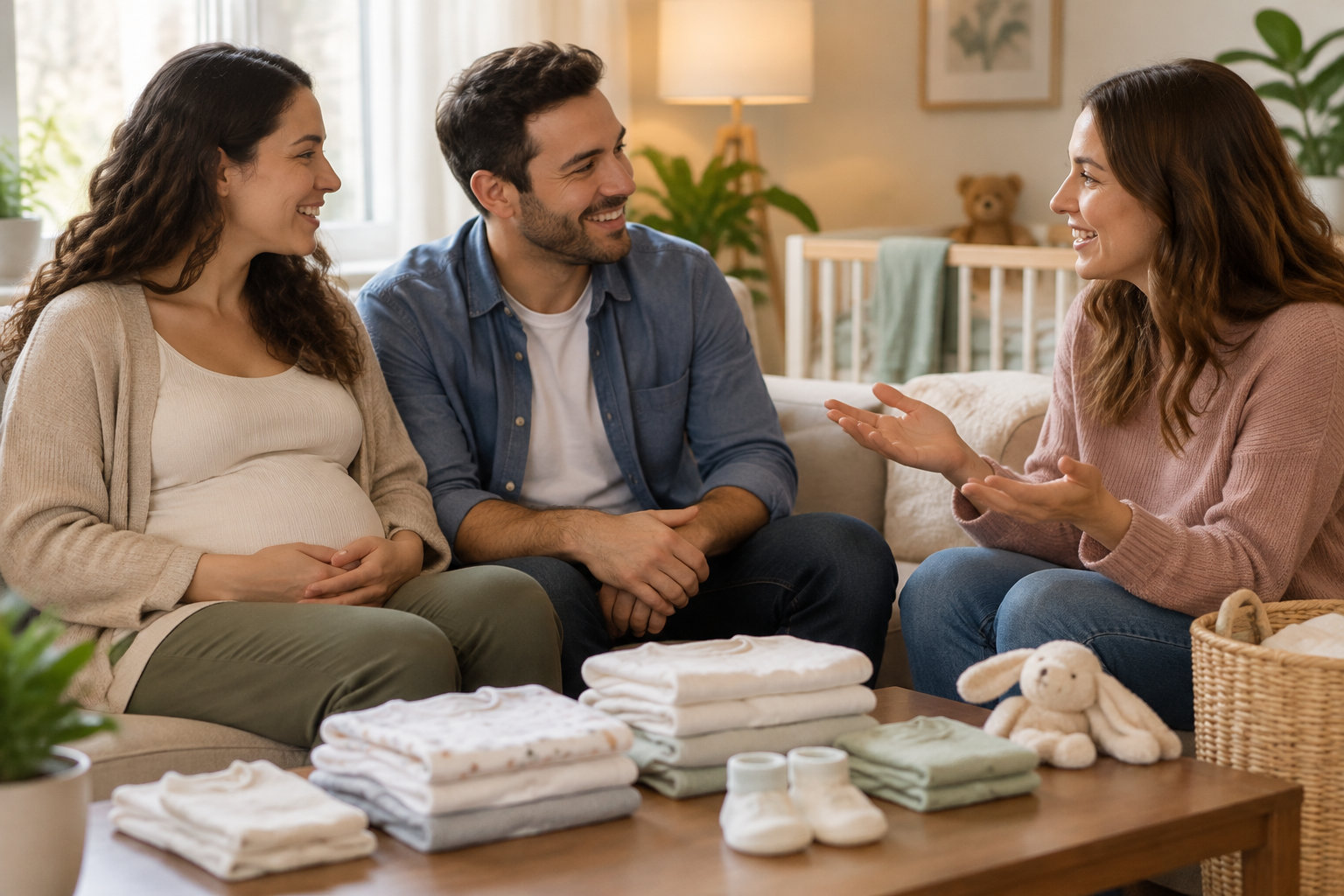 Un couple dont la femme est enceinte échange avec une autre femme dans un salon, devant une table couverte de vêtements pliés, de chaussons et d’une peluche.