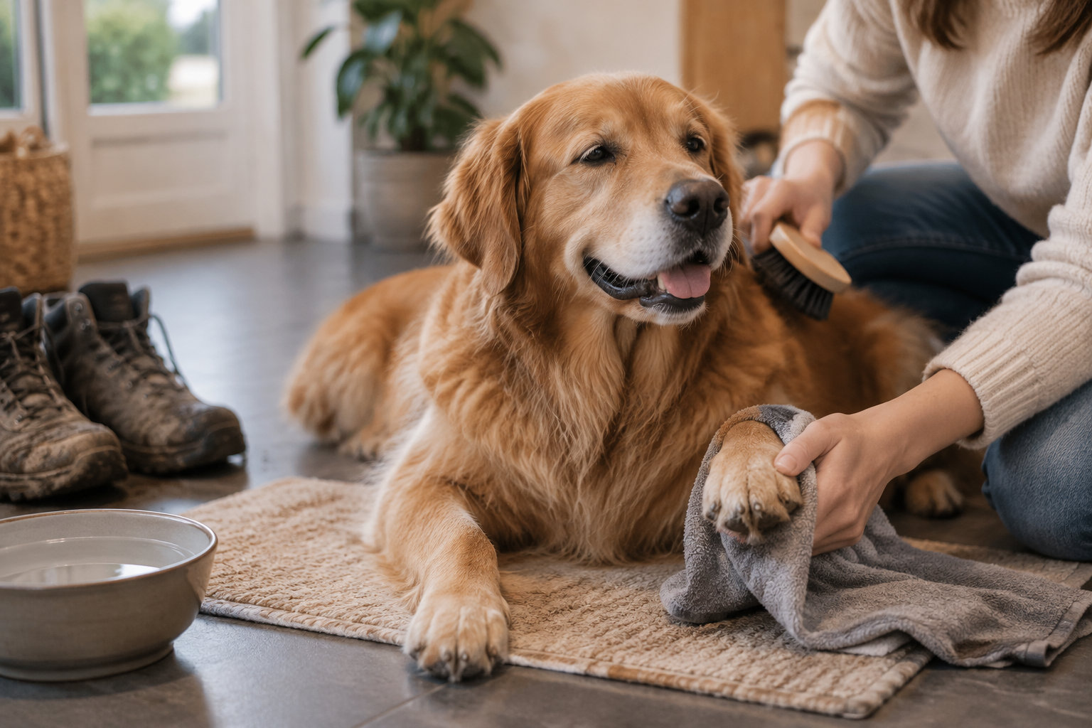 Une personne brosse un chien à poil doré et lui essuie une patte avec une serviette, près d’une gamelle et de bottes.
