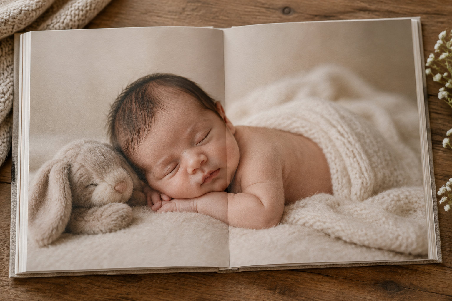Un album photo ouvert montre un nouveau-né endormi sur une couverture en maille, près d’un lapin en peluche.