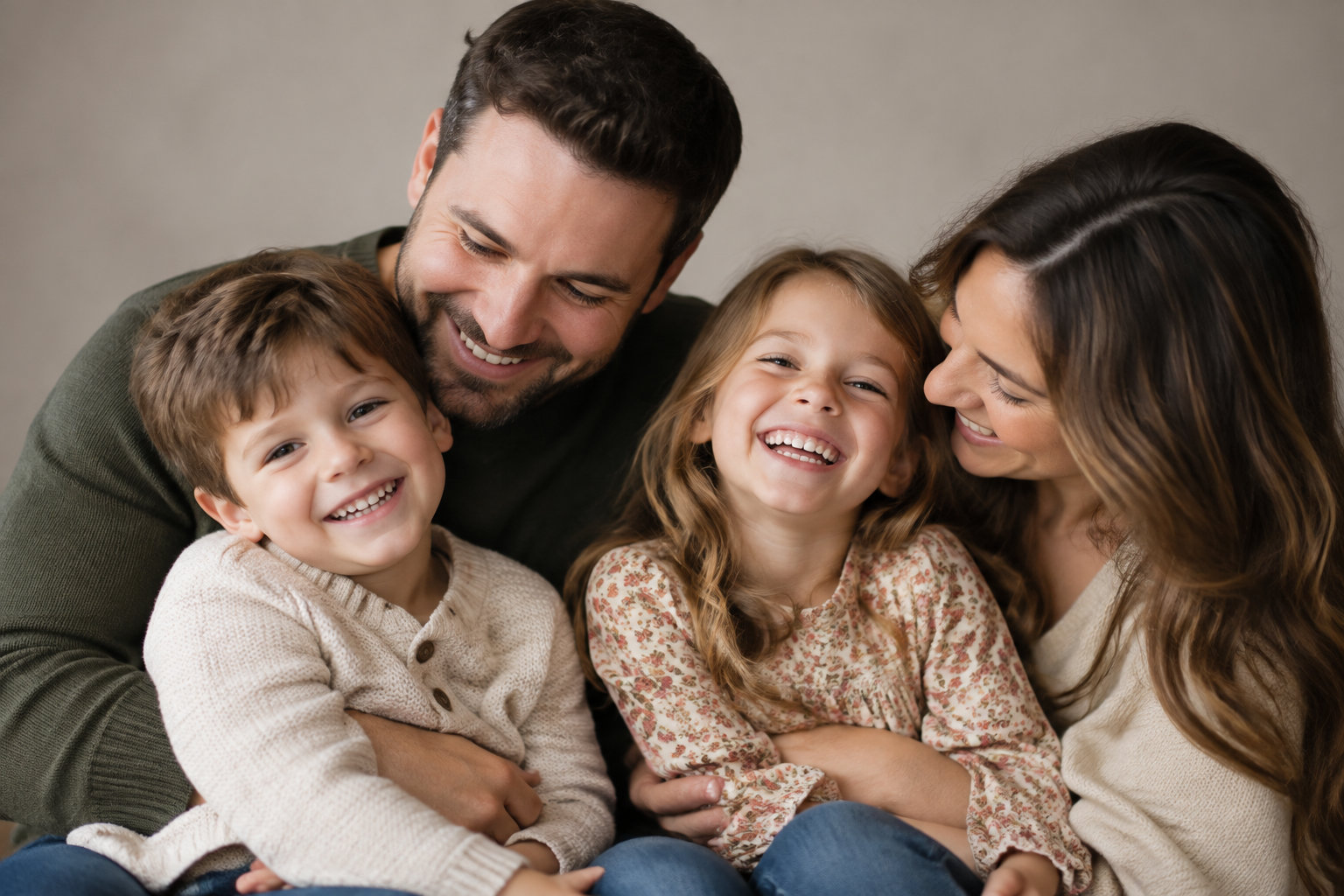 Un père et une mère souriants entourent leurs deux jeunes enfants assis entre eux.