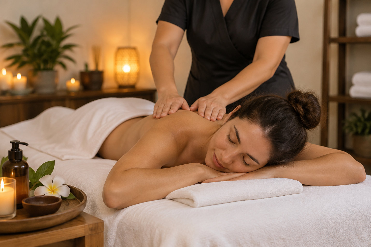 Une praticienne masse le dos d’une femme allongée sur une table dans une pièce tamisée décorée de bougies, de plantes et de serviettes.