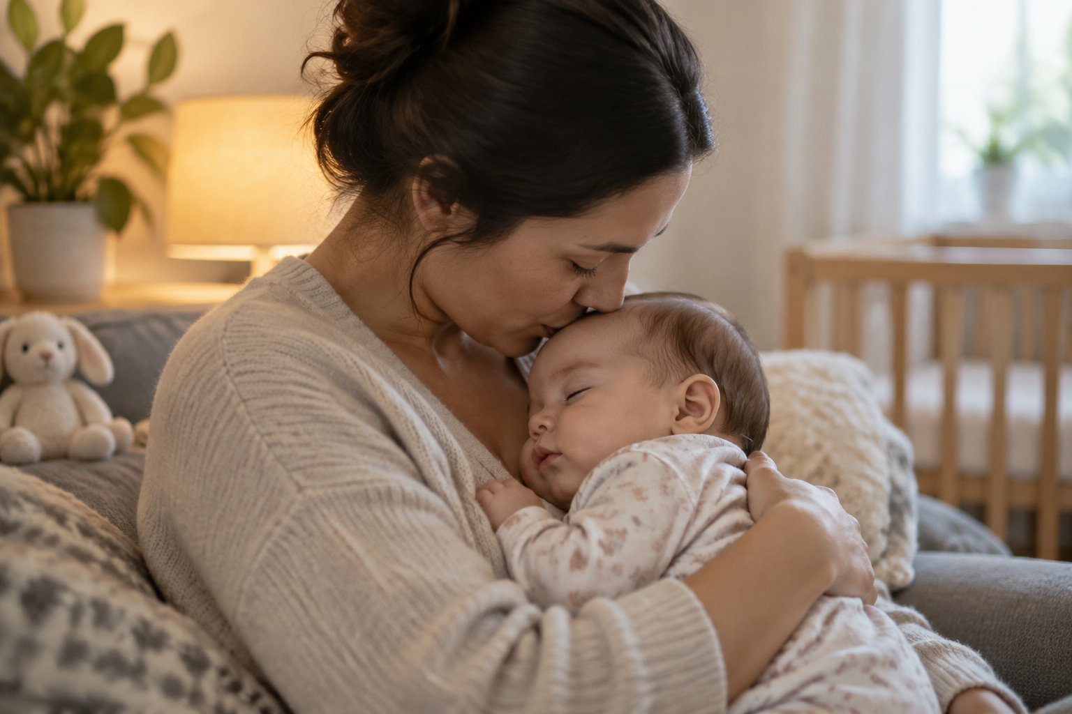 Une femme embrasse un bébé endormi qu’elle serre dans ses bras, assise dans une chambre chaleureusement éclairée.