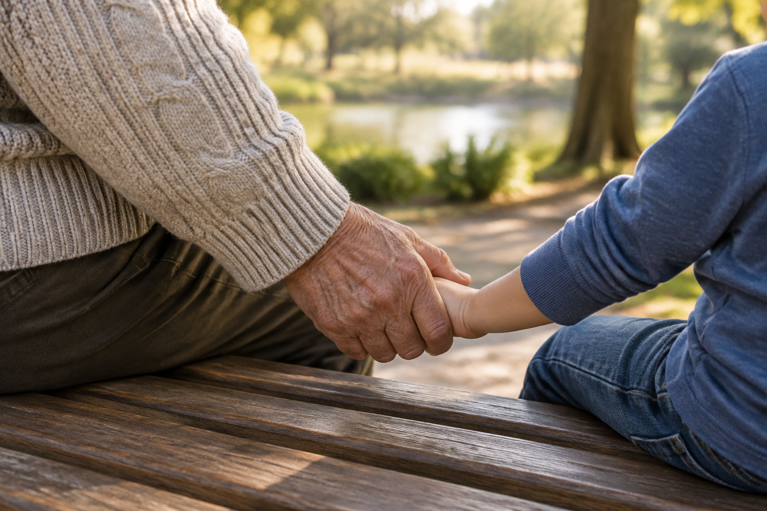 Une personne âgée assise sur un banc tient la main d’un enfant dans un parc ensoleillé.
