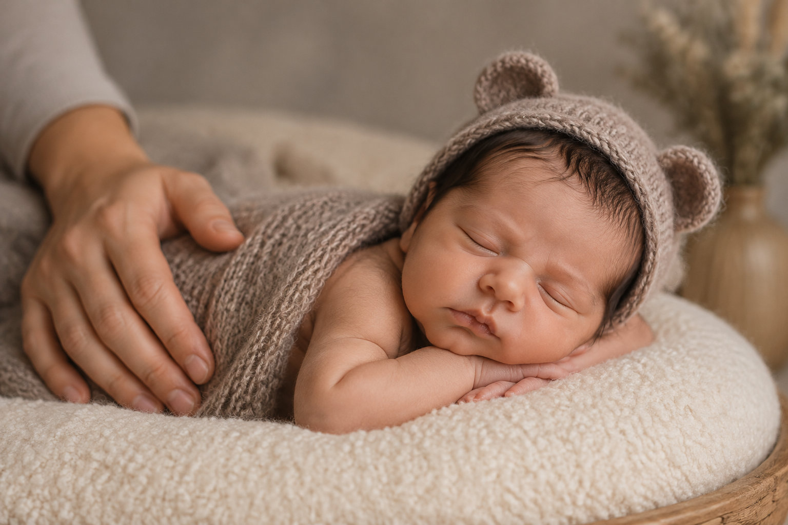 Un nouveau-né endormi, coiffé d’un bonnet en tricot à pompon et oreilles, est allongé sur une couverture moelleuse tandis qu’une main le protège.