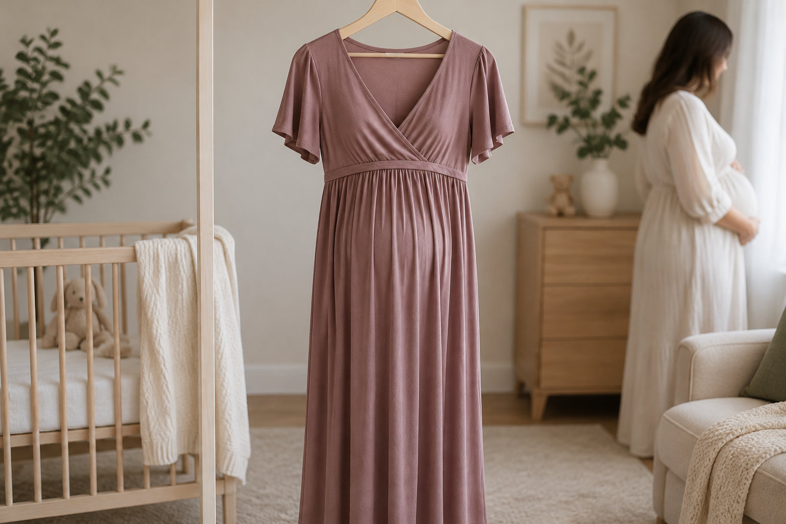Une robe rose à manches courtes est suspendue devant un berceau dans une chambre, tandis qu’une femme enceinte en robe blanche se tient près d’une fenêtre.