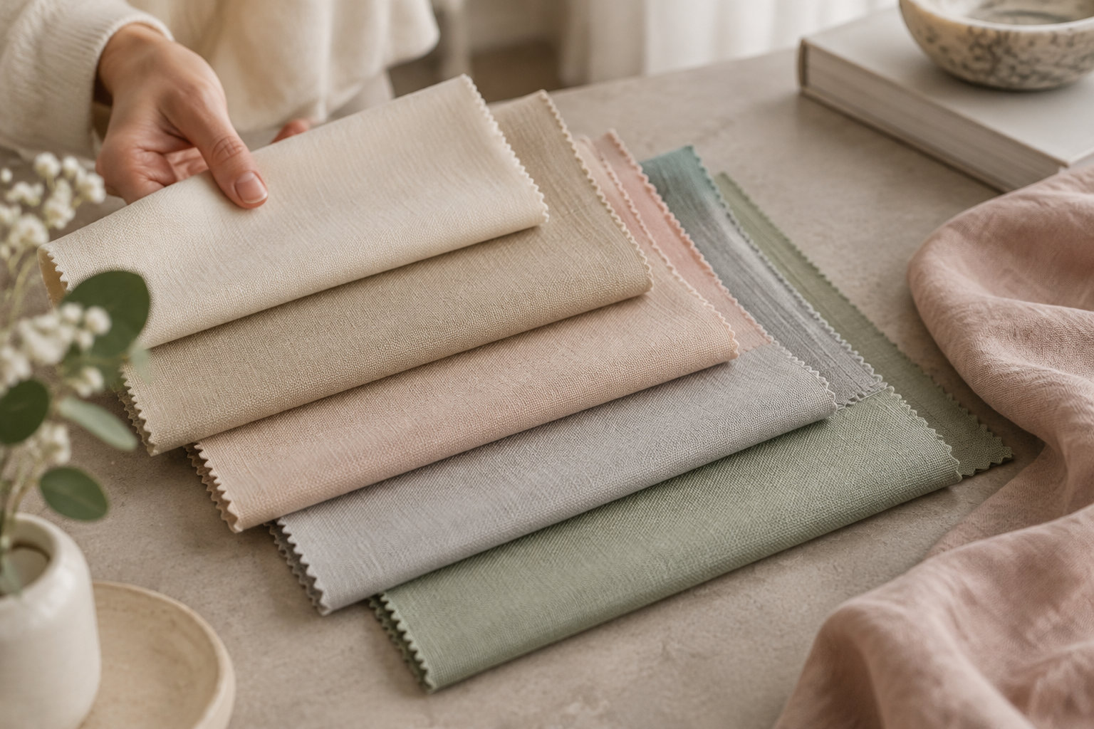 Une main soulève un échantillon de tissu crème au-dessus d’une pile d’échantillons aux tons neutres et pastel, posés sur une table près d’un vase de fleurs et d’un tissu rose.