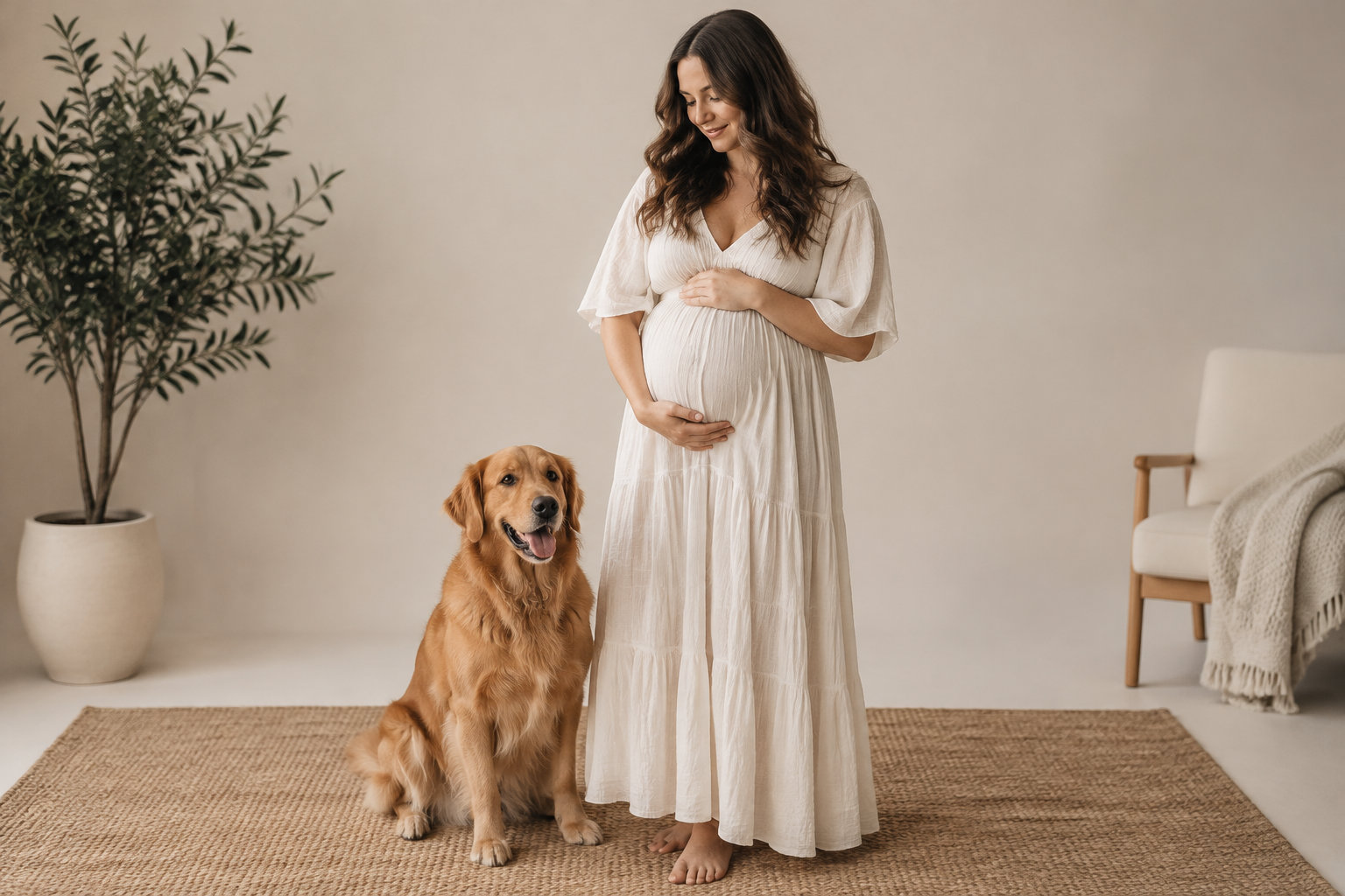 Une femme enceinte en robe blanche pose une main sur son ventre, debout à côté d’un chien assis dans un salon.