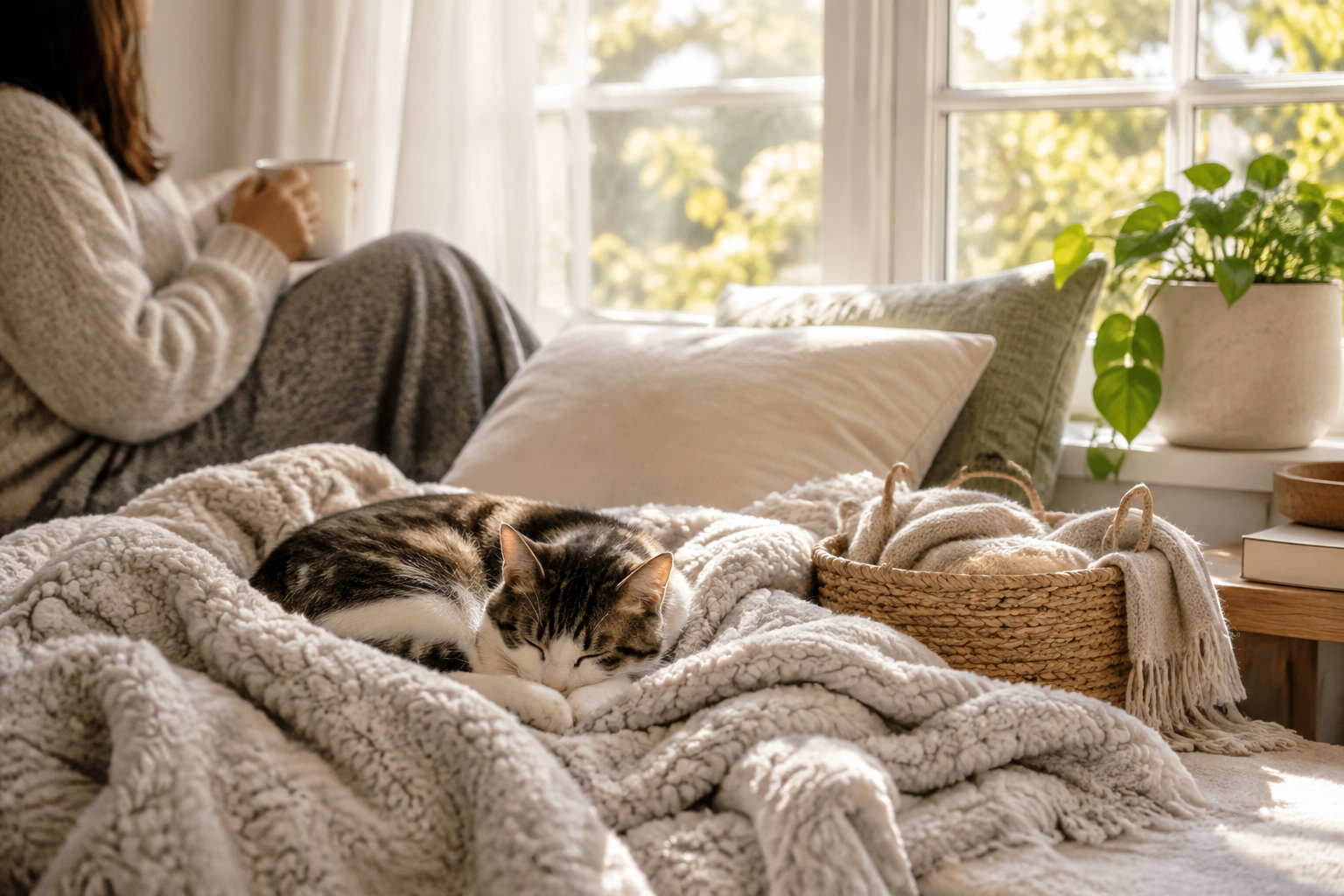 Un chat dort sur un plaid épais tandis qu’une personne tient une tasse près d’une fenêtre ensoleillée.