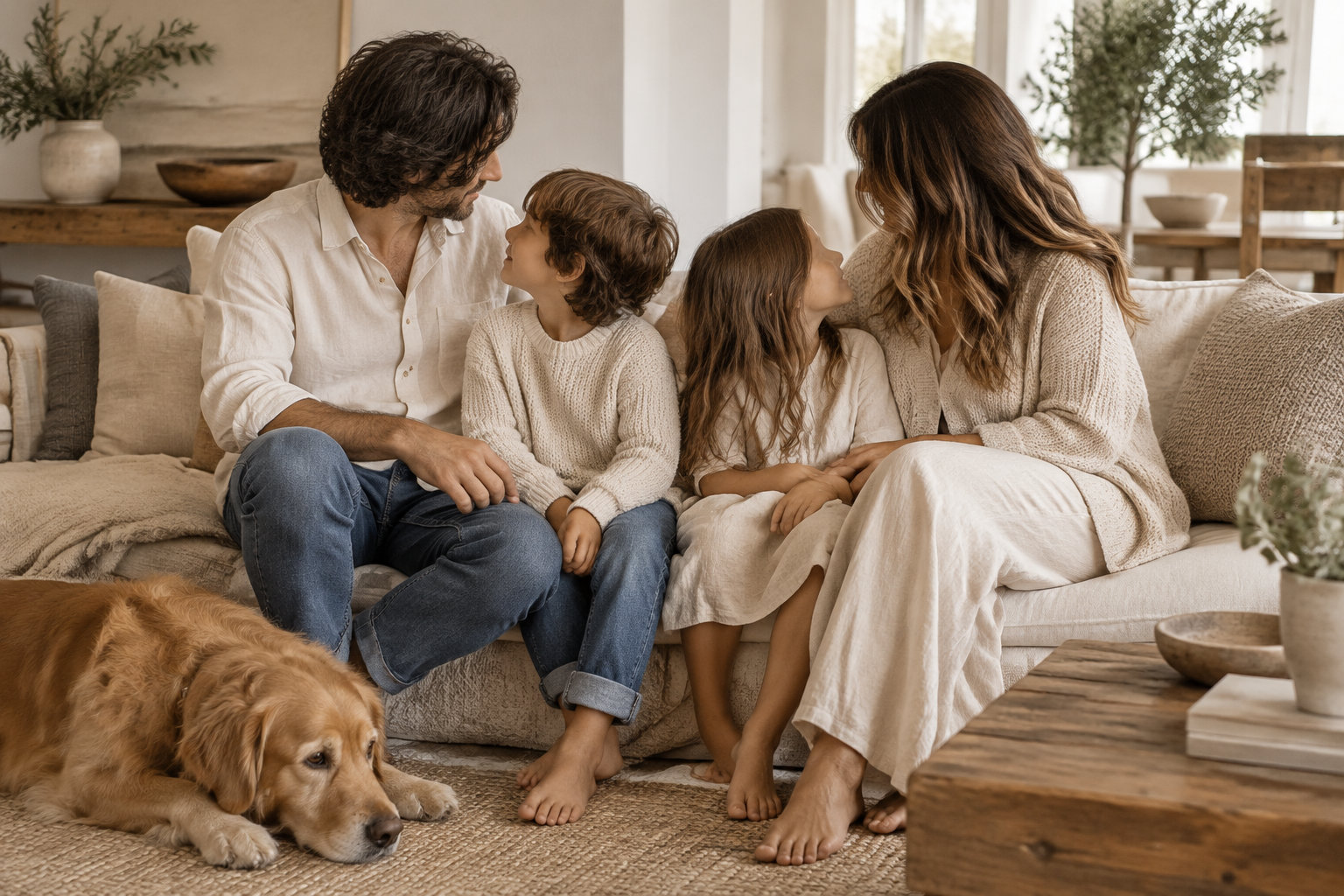Un couple et deux enfants assis sur un canapé se regardent en souriant, tandis qu’un chien est allongé sur le tapis devant eux.